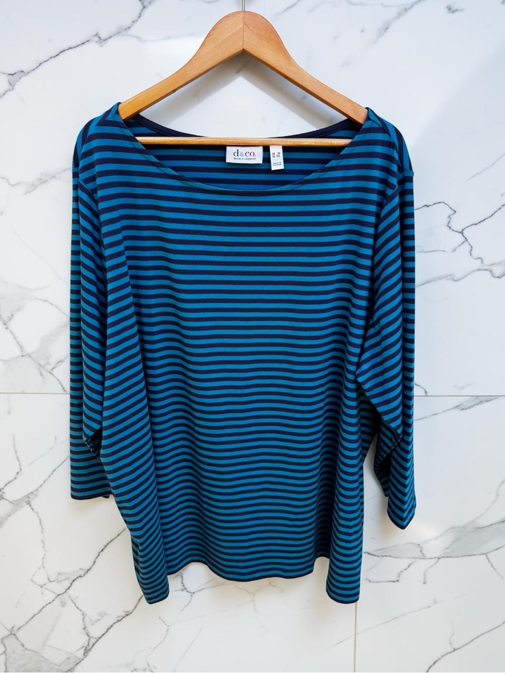 d&co Size 3X Teal and Dark Blue Striped 3/4 Sleeve Boatneck Top